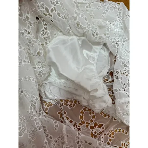 For Love & Lemons Romi Midi‎ Dress in White Small Floral Eyelet Puff Sleeve